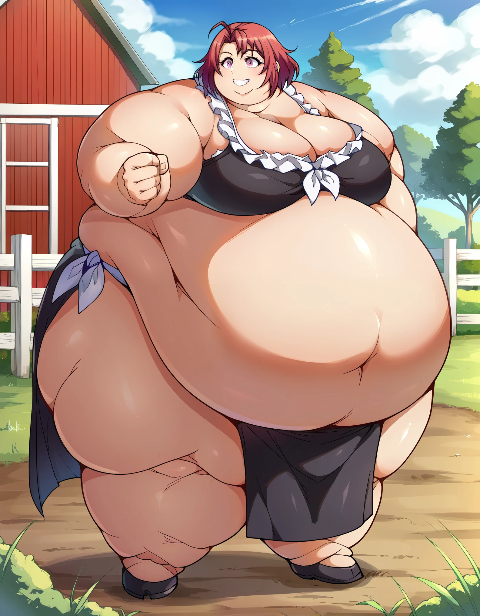 score_9, score_8_up, score_7_up, source_anime,
cowgirl, cow girl, ahoge, red hair, purple eyes, short hair, smile,
cleavage, collarbone,
outdoors, farm, cowboy shot, fat, chubby, obese, gigantic arms and legs, full body shot, side view, obese,loincloth,  a mawashi, sumo wrestler, shiko dachi stance, horse stance