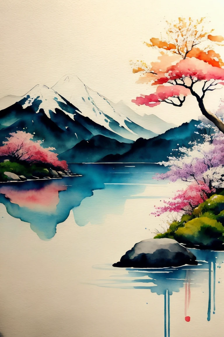   white background, scenery, watercolor, Mountain々, water, tree々, colorful,