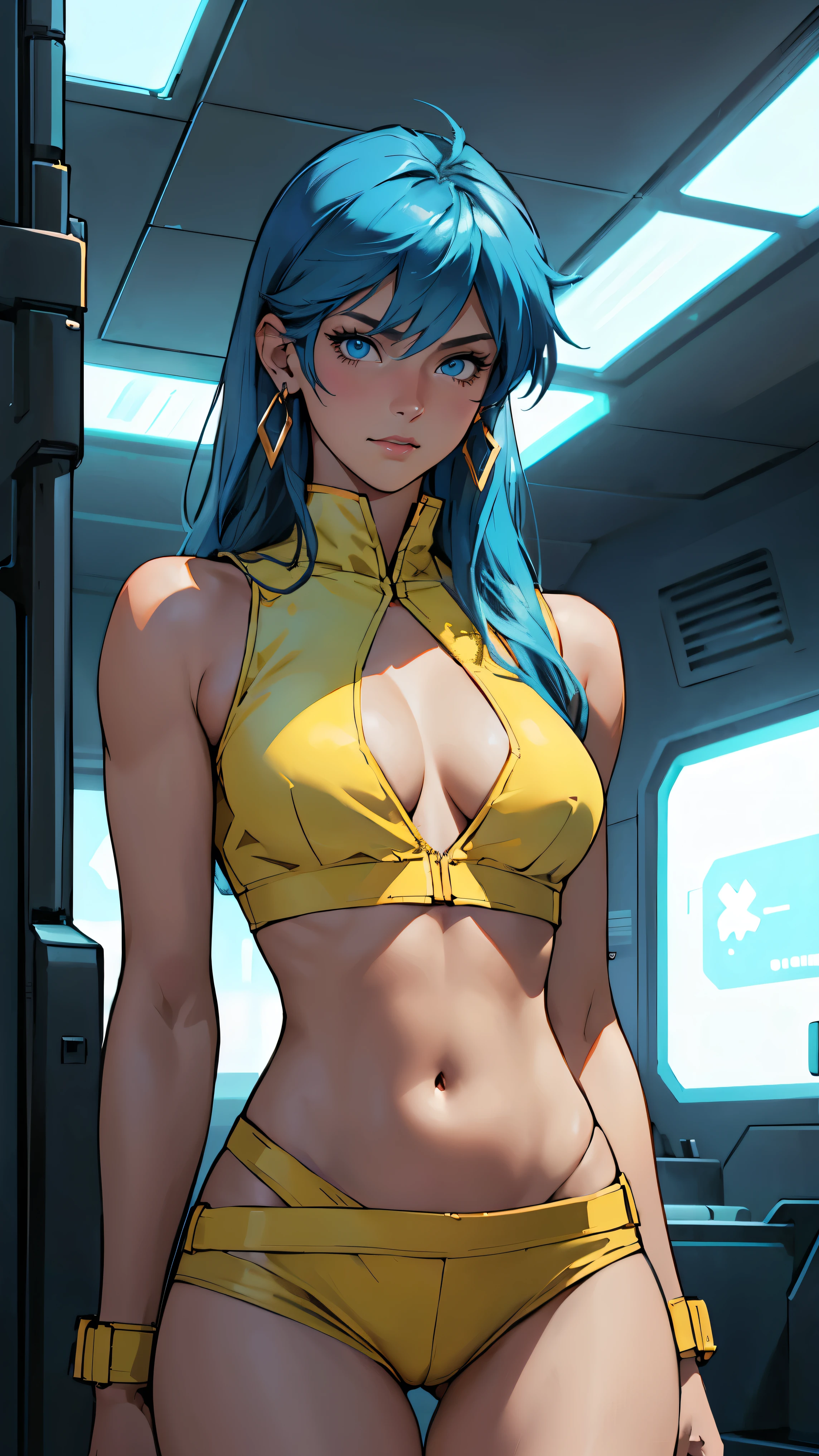 ((Masterpiece, highest quality; 1.3)), super quality, beautiful detail, super detailed, extra fine, 16K, exquisite, absurd, high resolution, beautiful background, detailed background, beautiful eyes, beautiful skin, anime style, dirtypairyuri, Dirty Pair Yuri in a skimpy light yellow outfit, long blue hair, blue eyes, earrings, white yellow uniform, white crop top, cutout, sleeveless, wearing tight clothing, skimpy, (breasts: 1.2), cleavage, cleavage, , obliques, fit arms, slim waist, ((wide hips)), fit thighs, (thigh gap), showing stomach, (skinny frame), wide hips, cyberpunk city background, holding a retro space gun