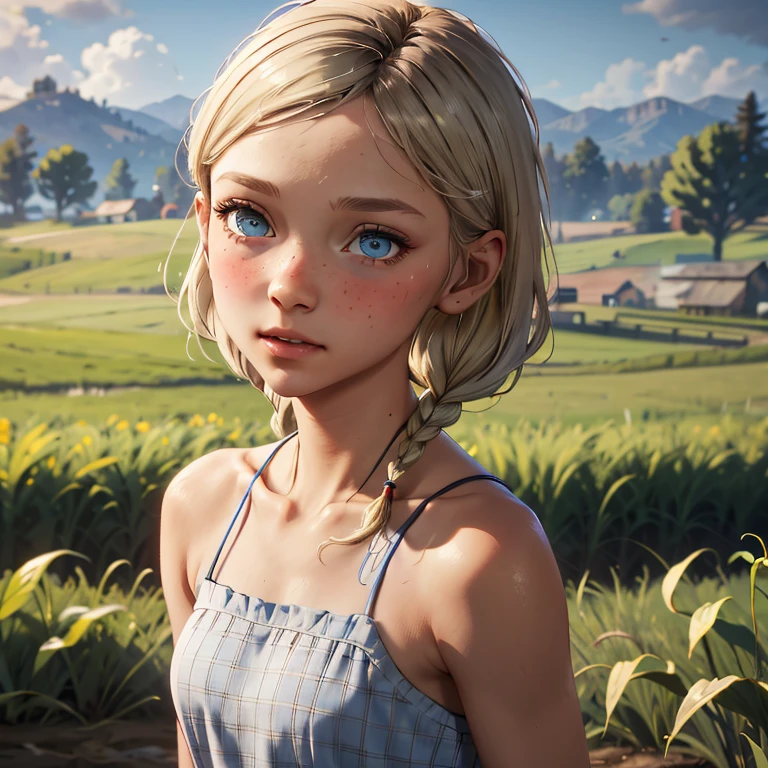 Blonde,braids,Sleek tied hair,
slim face,white skin,sunkissed blush,light blue eyes,snub nose,delicate mouth and jaw,
petite,very young girl,very thin complexion,skinny,slender body,
masterpiece, best quality, HDR,
dressing 1910 farmer’s dress,
red dead redemption 2 farm background,