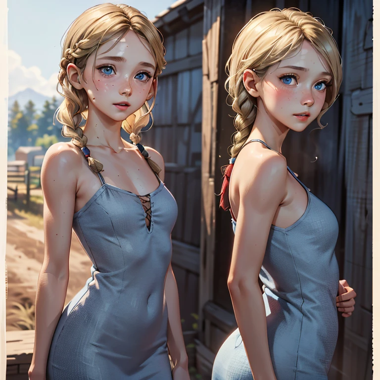 Blonde,braids,Sleek tied hair,
slim face,white skin,sunkissed blush,light blue eyes,snub nose,delicate mouth and jaw,
petite,very young girl,very thin complexion,skinny,slender body,
masterpiece, best quality, HDR,
dressing 1910 farmer’s dress,
red dead redemption 2 farm background,