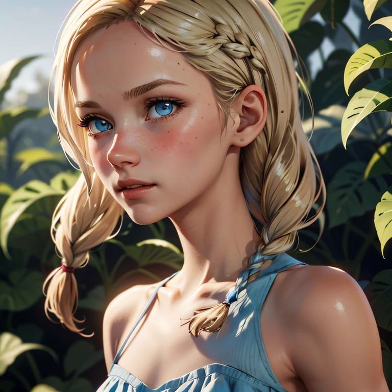 Blonde,braids,Sleek tied hair,
slim face,white skin,sunkissed blush,light blue eyes,snub nose,delicate mouth and jaw,
petite,very young girl,very thin complexion,skinny,slender body,
masterpiece, best quality, HDR,
dressing 1910 farmer’s dress,
red dead redemption 2 farm background,