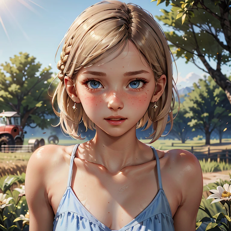 Blonde,braids,Sleek tied hair,
slim face,white skin,sunkissed blush,light blue eyes,snub nose,delicate mouth and jaw,
petite,very young girl,very thin complexion,skinny,slender body,
masterpiece, best quality, HDR,
dressing 1910 farmer’s dress,
red dead redemption 2 farm background,