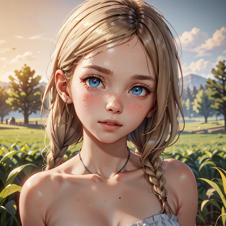 Blonde,braids,Sleek tied hair,
slim face,white skin,sunkissed blush,light blue eyes,snub nose,delicate mouth and jaw,
petite,very young girl,very thin complexion,skinny,slender body,
masterpiece, best quality, HDR,
dressing 1910 farmer’s dress,
red dead redemption 2 farm background,