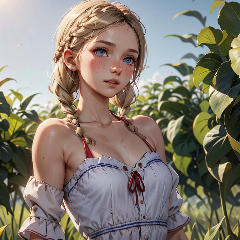 Blonde,braids,Sleek tied hair,
slim face,white skin,sunkissed blush,light blue eyes,snub nose,delicate mouth and jaw,
petite,very young girl,very thin complexion,skinny,slender body,
masterpiece, best quality, HDR,
dressing 1910 farmer’s dress,
red dead redemption 2 farm background,