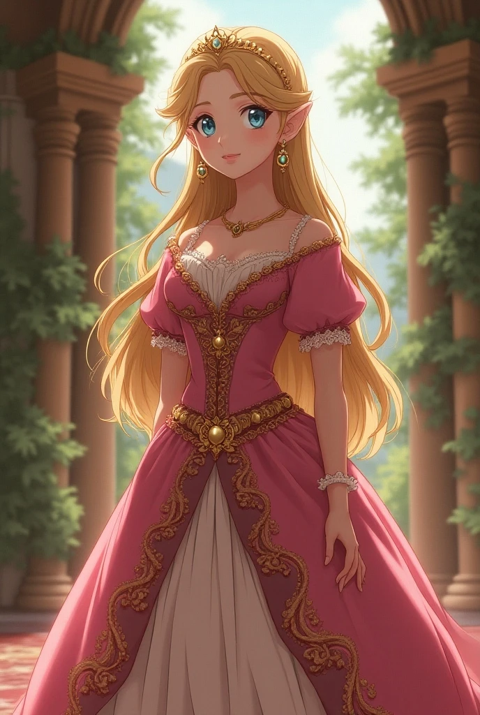 1400's Anime, Renaissance Princess Zelda wearing a Pink Dress with a Massive Medici Popped Collar that's taller than her head