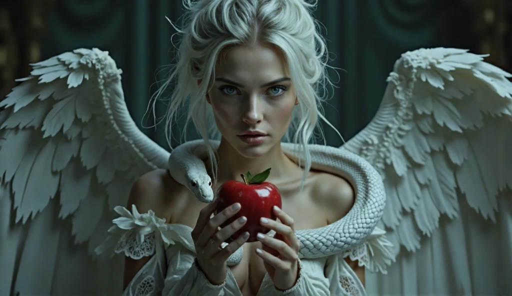 Front view of beautiful woman with perfect body, With beautiful white hair tied behind her head in a very messy congo,  pale skin and one green eye while the other is blue watching the camera  .large open angel wings detailed ,
NAKED, holding a red apple with one hand and with the other a white snake with 
 detailed head,  the white snake is wrapped around its body  , the snake is seeing the apple ,
The background is black and blue .
