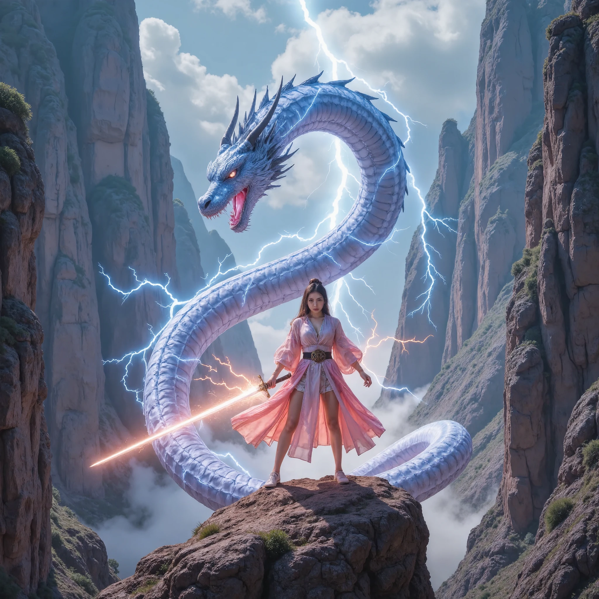 Can you create a beautiful Reaper style female swordsman , wear colorful clothes, All the lines are lightning , to create a lightning dragon ??? just like he's in the dragon , with no texture , This dragon consists entirely of lightning , A swordsman is a human , his sword emits lightning , Can you create a lightning bolt similar to bleach , and the dragon covers the swordsman , forming a Chinese dragon around him ,At the top of the canyon ,