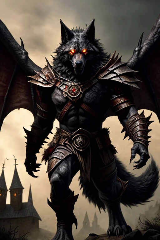 Demon prince from warhammer fantasy looking like a colossal humanoid winged wolf with a wolf tail, and wolf head with detailed black fur and amber glowing eyes towering over a medieval village