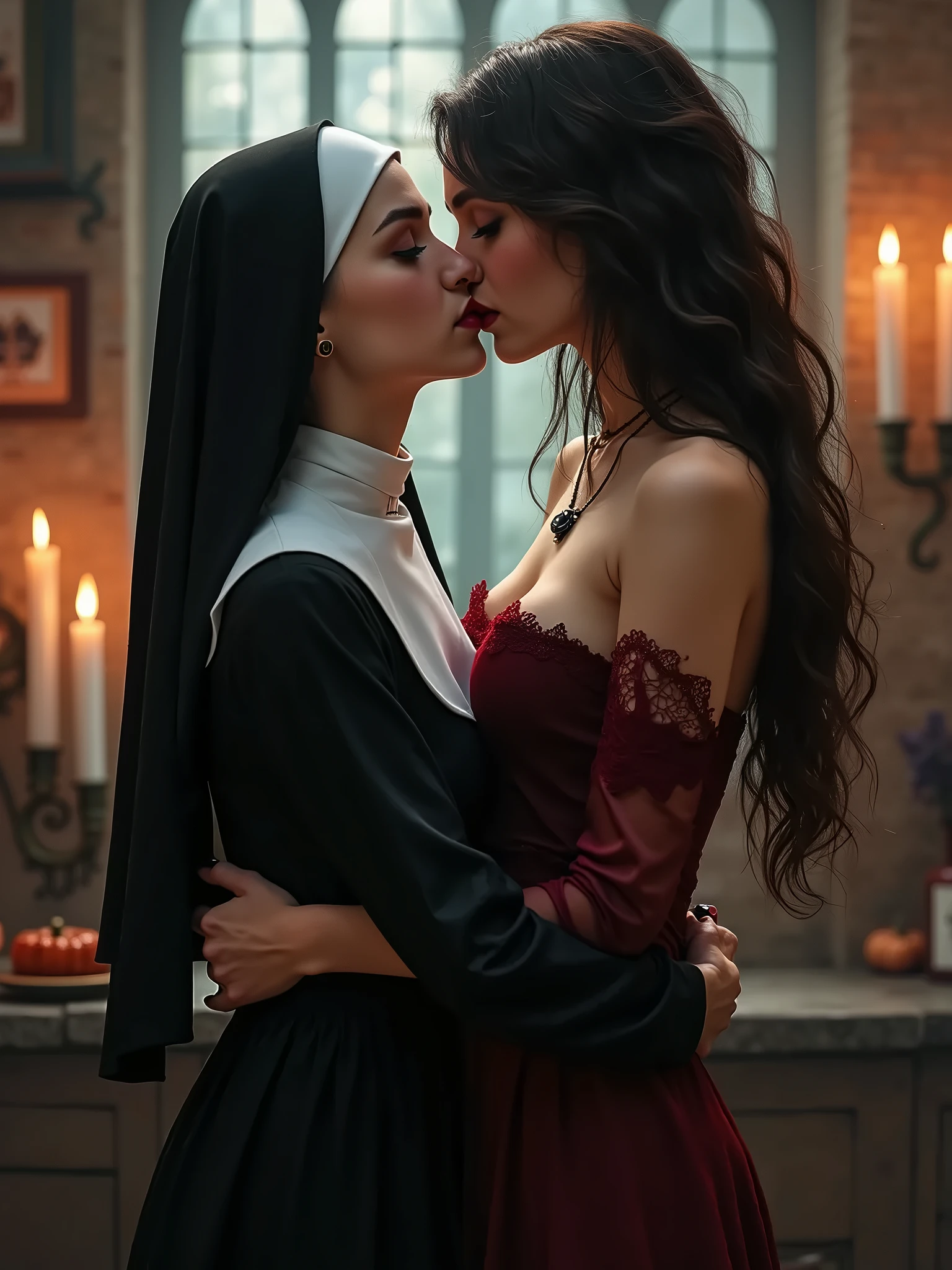 vampire teeth , ((((nighttime))) , 2girls, long hair , RAW photo, high quality, film grain,simple background, presenting, beautiful, (silver and red lined satin cloak tied at the neck:1.20) , breasts, blood , cum in pussy, big ass, ,standing cunnilingus,clothes lift,bottomless,  moonlit graveyard , (2girls,yuri), licking vagina, naked pussy