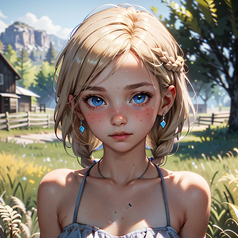 Blonde,braids,Sleek tied hair,
slim face,white skin,sunkissed blush,light blue eyes,snub nose,delicate mouth and jaw,
petite,very young girl,very thin complexion,skinny,slender body,
masterpiece, best quality, HDR,
dressing 1910 farmer’s dress,
red dead redemption 2 farm background,