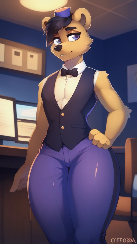 Alone,Bear,yellow fur, boy,  female male , hair highlights,purple dress vest , bow tie , sexy pants, mini purple top hat on the head, thighs thighs ,  curvy figure , detailed eyes perfect anatomy,  masterpiece,{{pose sexual}}, black eyes and bright white iris, short hair on the side ,calda de Bear,big ass, thick thighs,  wide hips  , perfect,  incredible shading , Whole body, detailed hands, detailed eyes, detailed face,  detailed arms , anthropomorphic ,by Clina,por coffeesoda, By Hioshiru, centered, character focus,  masterpiece, desk.