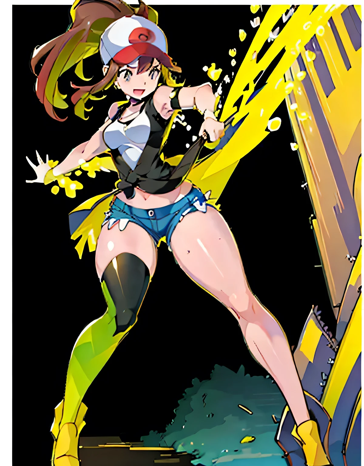 hilda pokemon, short shorts, panty strap, urban scenery, sweaty, visible curves, detailed eyes, beautiful eyes, full body, masterpiece, photorealistic, 8k, hyper detailed, cinematic lighting, dynamic pose, emotional expression, intricate details, lush environment, vivid colors, hard gradient light, hard highlight, yellow highlights, full body