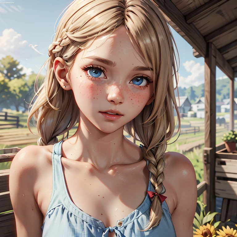 Blonde,braids,Sleek tied hair,
slim face,white skin,sunkissed blush,light blue eyes,snub nose,delicate mouth and jaw,
petite,very young girl,very thin complexion,skinny,slender body,
masterpiece, best quality, HDR,
dressing 1910 farmer’s dress,
red dead redemption 2 farm background,