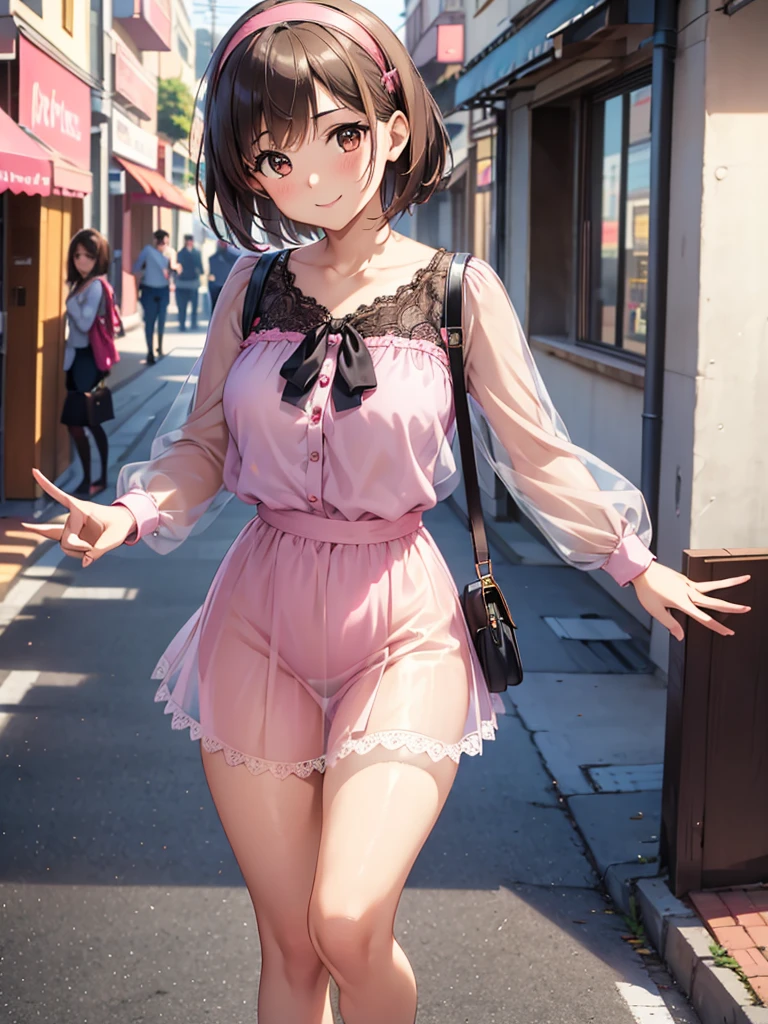  Kampala,cute,solo, Brown Eyes ,Brown Hair,20-year-old woman,Five beautiful fingers,pink sheer blouse with lace,black miniskirt with lace, pink headband with lace, landmine fashion,smile,B Cup, short hair,Looking at the camera,Blurred Background,bustling street,