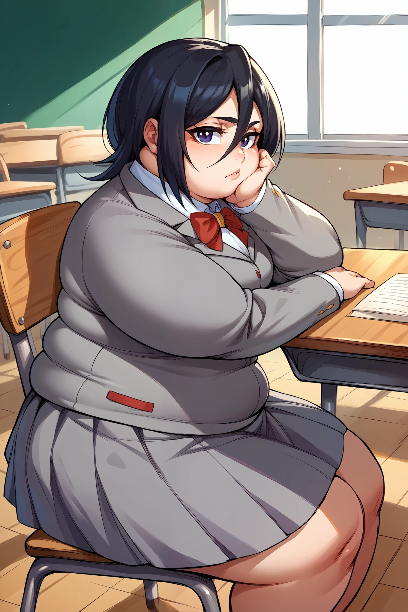 score_9, score_8_up, score_7_up, score_6_up, source_anime BREAK 1girl, solo,  defrka, black hair, black eyes, short hair, bowtie, grey blazer, grey skirt, sitting, classroom, desk, chair, head rest, from side, looking at you, fat, chubby, obese