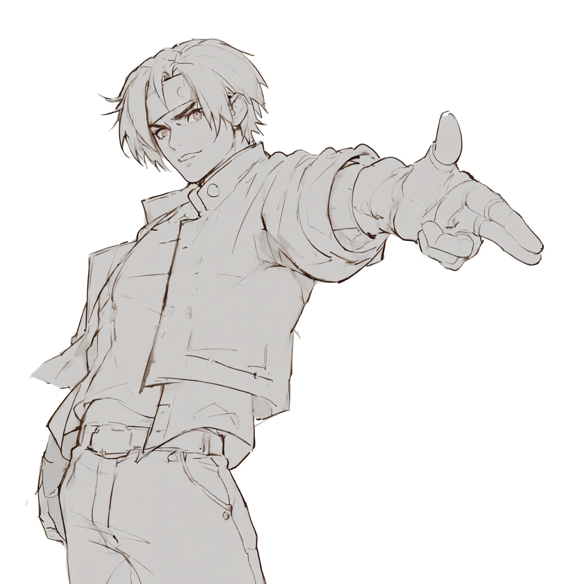 masterpiece、 highest quality、8K、Full body portrait、Fighting Stance、Fighting scenes: 1. 5,(Kyo Kusanagi), Standing sideways,Raise a hand,Pointing lens ,Eyes look at the screen
