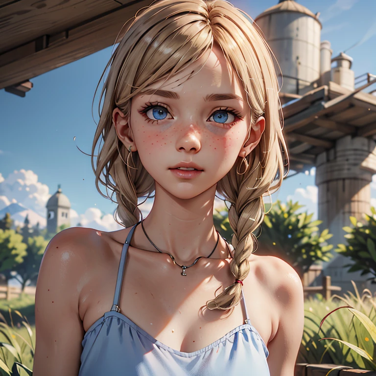 red dead redemption 2 german daughter,
Blonde,braids,Sleek tied hair,
slim face,white skin,sunkissed blush,light blue eyes,snub nose,delicate mouth and jaw,
petite,very young girl,very thin complexion,skinny,slender body,
masterpiece, best quality, HDR,
dressing 1910 farmer’s dress,
red dead redemption 2 farm background,
