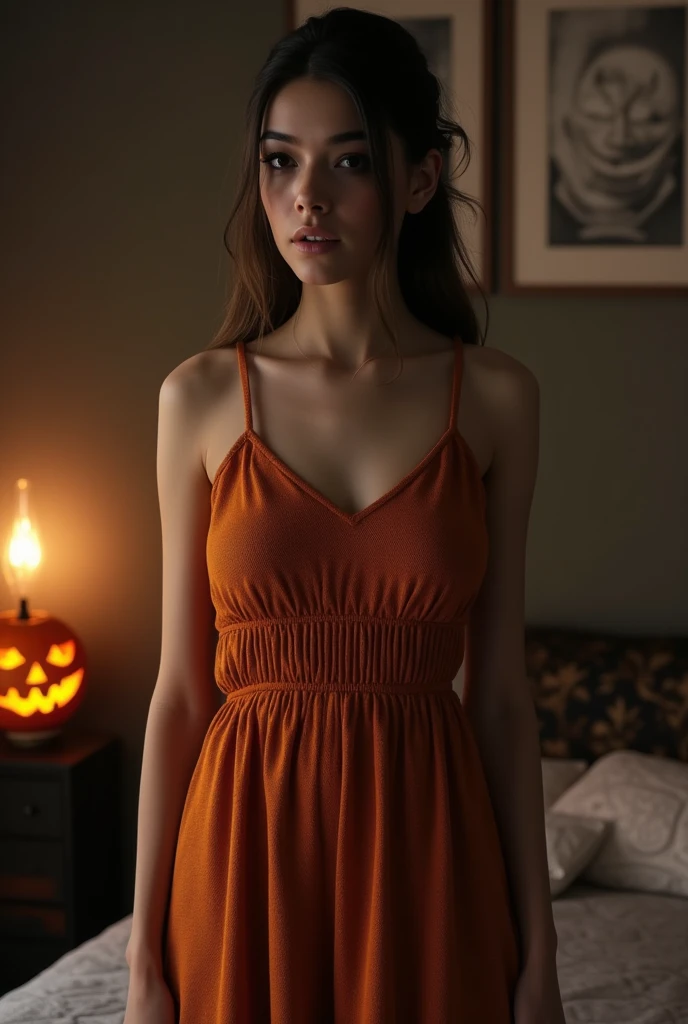 best quality, masterpiece, realistic, photo-realistic, amazing, finely detail, incredibly absurdres, huge filesize, ultra-detailed, highres, extremely detailed 8k wallpaper, ray tracing, close-up, upper body, A misterious woman wearing a ginger black dress made of jute rough textured material, standing in a scary bedroom, jack-o'-lantern