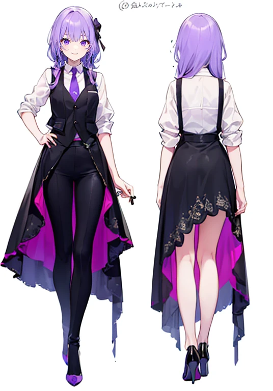 (( perfect face)),Purple Hair,  long voluminous hair ,1 female, bartender ,suit,black vest,Rolled up sleeves,tie,High heels,,((White simple background)),smile,((full body)),((Full Body)), Character Portrait , virtual YouTuber,upright,,Both arms are down,Standing upright with face and body facing forward,