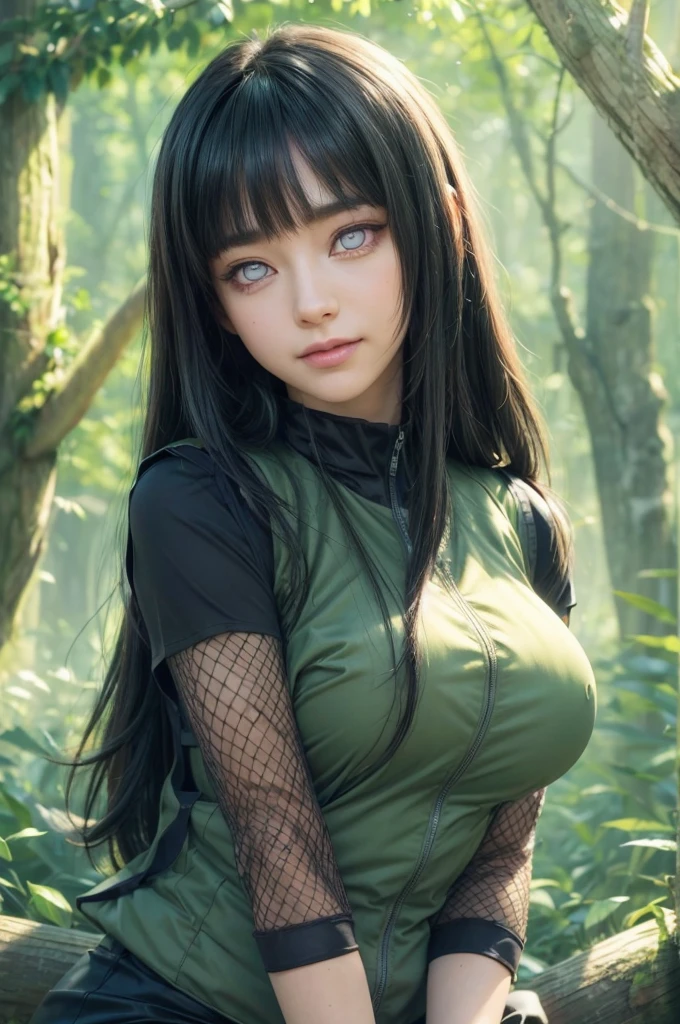 masterpiece, best quality, (realistic,photo-realistic:1.4), (RAW photo:1.2), extremely detailed CG unity 8k wallpaper, delicate and beautiful, amazing,finely detail, official art, absurdres, incredibly absurdres, huge filesize, ultra-detailed,extremely detailed eyes and face,light on face,hinata,(little smile),(black hair:1.4),(long hair:1.3,(forest backgrouund:1.4),(byakugan eyes:1.5),(tactical vest:1.4),fishnet,t-shirt