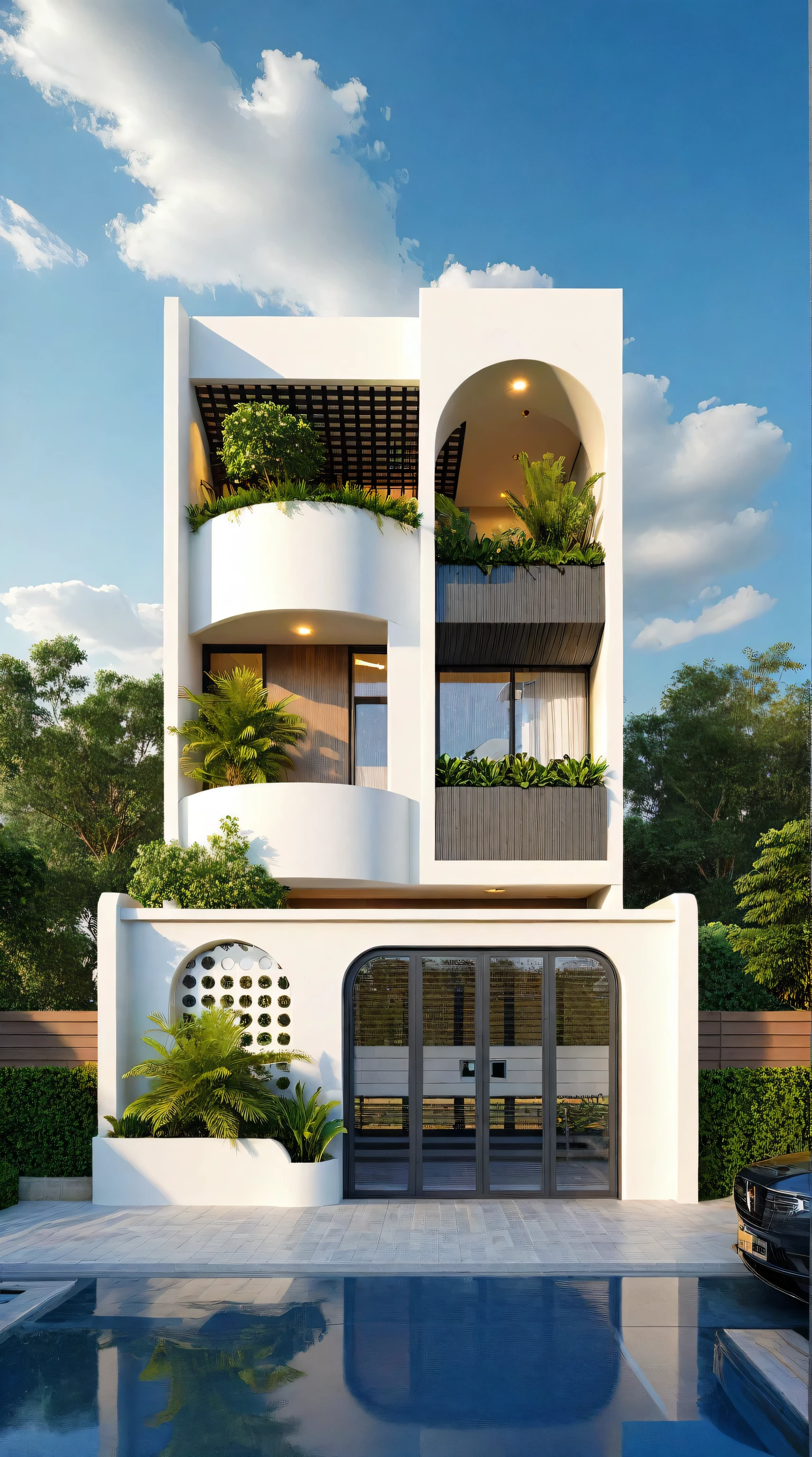 Architectural style Architectural style, ((Classic Style House)),(masterpiece) , ((best quality)), dramatic lighting, high quality outdoors, sky, day, cloud, tree, blue sky, building, scenery, road, real world location, sunlight, enough detail, high resolution,super realistic, Photorealistic, highly detailed, balcony, plants, door, car, truck, parking slot, paving, . Clean lines, architectural drawing, highly detailed , . Clean lines, geometric shapes, minimalist, modern, architectural drawing, highly detailed