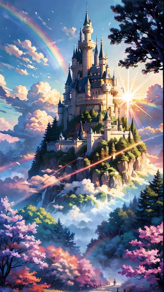 Miyazaki style; The Perfect Rainbow, like a road between fluffy real white clouds;, Sun, Everything sparkles; juicy bright colors; Below is a fairytale forest, A magical land, A small castle on a hill; Flying Cartoon Dragon; high quality textures, Realistic clouds, High-quality realistic rainbow; A lot of small details of the environment; hight resolution