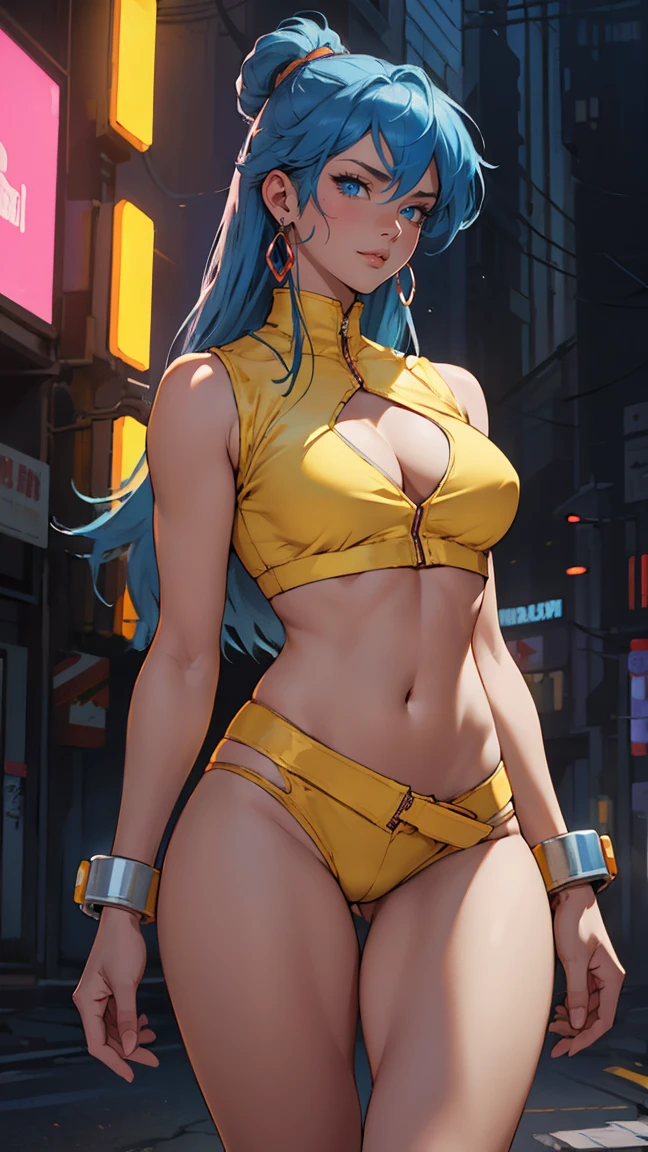 ((Masterpiece, highest quality; 1.3)), super quality, beautiful detail, super detailed, extra fine, 16K, exquisite, absurd, high resolution, beautiful background, detailed background, beautiful eyes, beautiful skin, anime style, dirtypairyuri, Dirty Pair Yuri in a skimpy light yellow outfit, long blue hair, blue eyes, earrings, white yellow uniform, white crop top, cutout, sleeveless, wearing tight clothing, skimpy, (breasts: 1.2), cleavage, cleavage, , obliques, fit arms, slim waist, ((wide hips)), fit thighs, (thigh gap), showing stomach, (skinny frame), wide hips, cyberpunk city background, holding a retro space gun