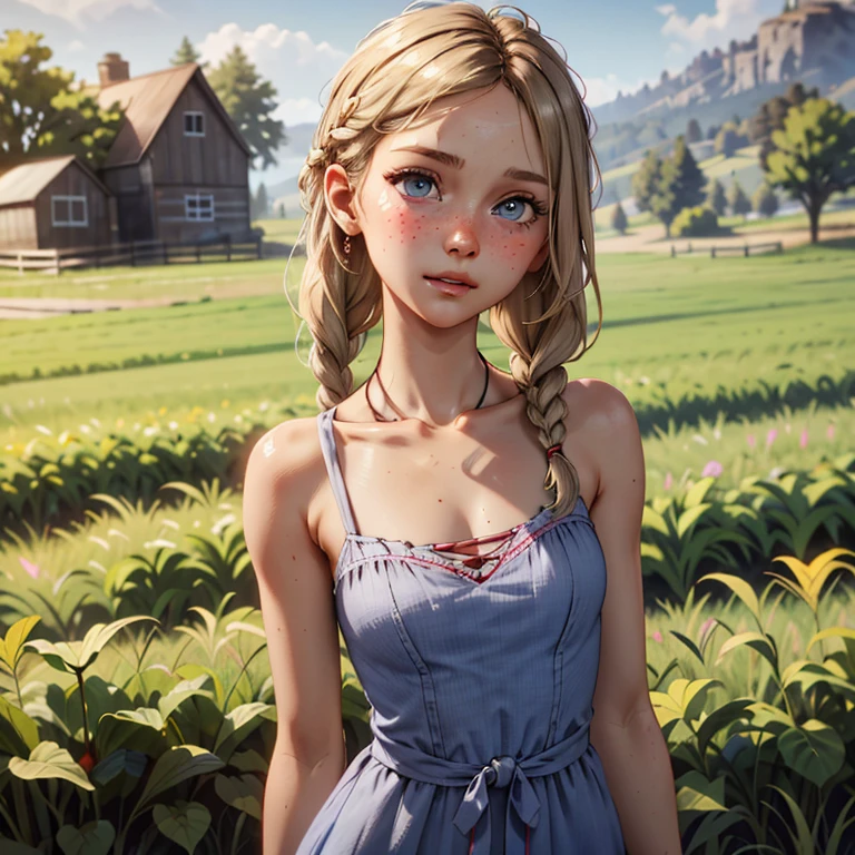 
Blonde,braids,Sleek tied hair,
slim face,white skin,sunkissed blush,light blue eyes,snub nose,delicate mouth and jaw,
petite,very young girl,very thin complexion,skinny,slender body,
masterpiece, best quality, HDR,
dressing 1910 farmer’s dress,
red dead redemption 2 farm background,
