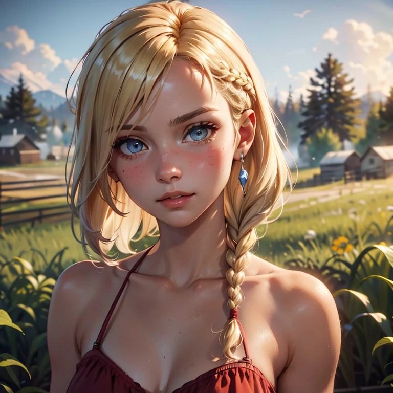 3/4 portrait, modelshoot, beautiful woman,  person ,  rustic meadow, wildflowers, rolling hills, golden hour, rustic, dreamy, warm,  masterpiece, best quality, perfect eyes, detailed eyes, (style of fantasy:1.3)