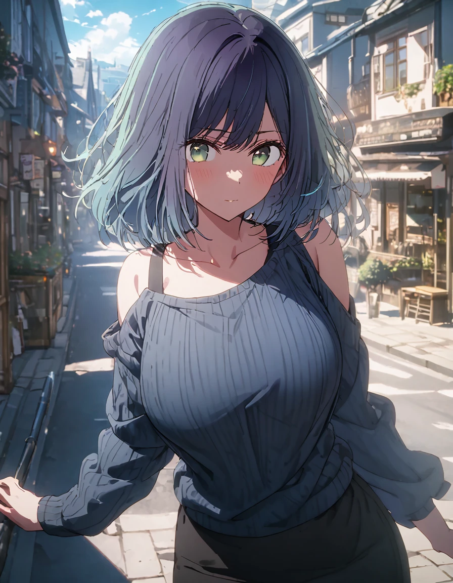 akane kurokawa, bangs, green eyes, blue hair, medium hair, dark blue hair, large breasts, open shoulder, knit sweater, navy blue sweater, vertical stripes sweater, cutout bare cleavage, tight skirt, sunshine, sky, town, from front, looking viewer, solo, cowboy shot, best quality, high quality, ultra-detailed, high resoolution, 8K, detailed underwear,