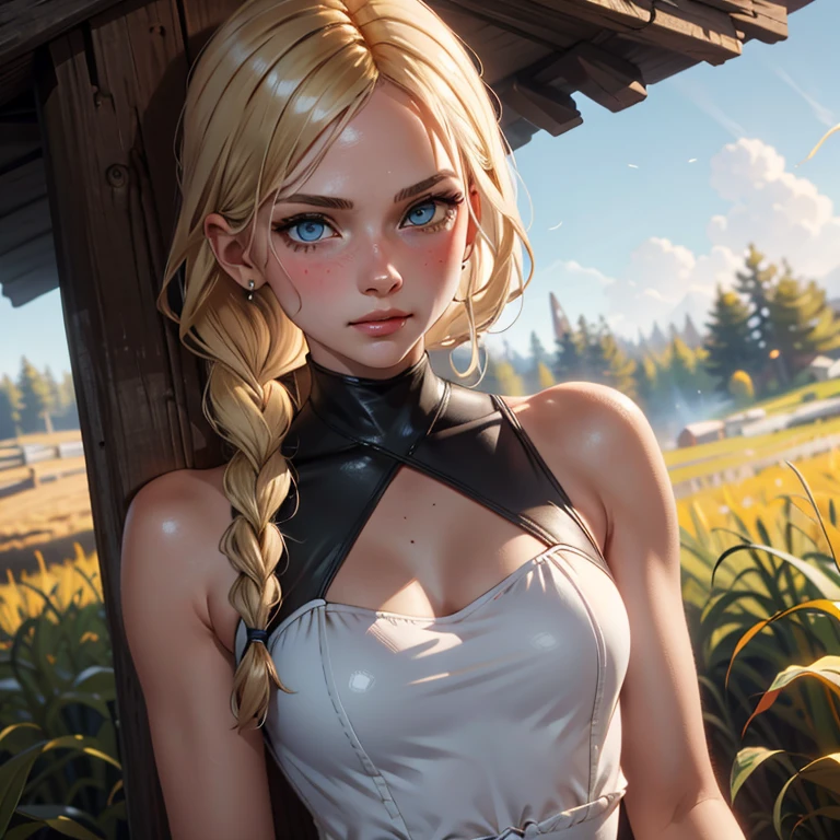 red dead redemption 2 german daughter,
Blonde,braids,Sleek tied hair,
slim face,white skin,sunkissed blush,light blue eyes,snub nose,delicate mouth and jaw,
petite,very young girl,very thin complexion,skinny,slender body,
masterpiece, best quality, HDR,
dressing 1910 farmer’s dress,
red dead redemption 2 farm background,
