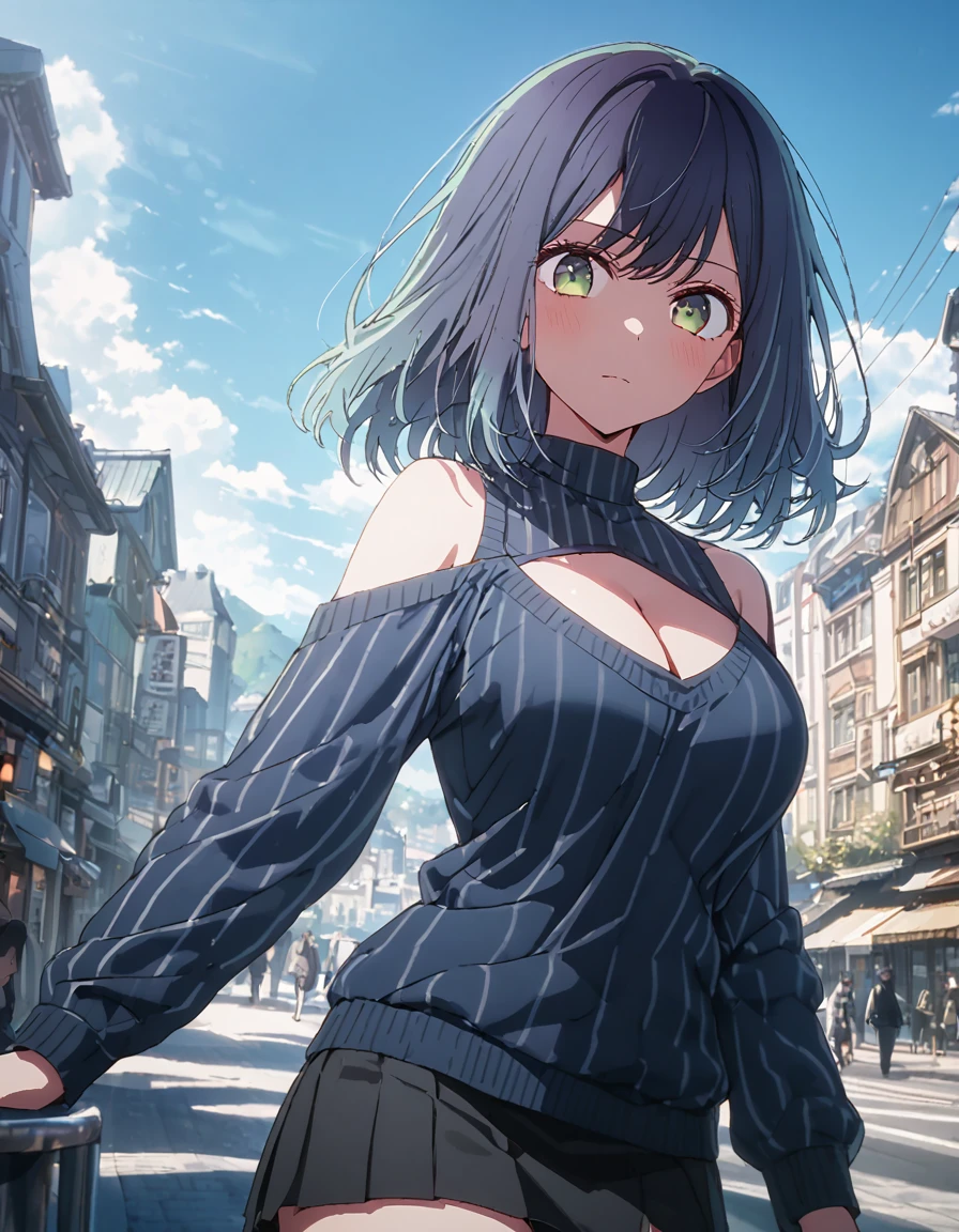 akane kurokawa, bangs, green eyes, blue hair, medium hair, dark blue hair, large breasts, open shoulder, knit sweater, navy blue sweater, vertical stripes sweater, (cutout bare cleavage:1.2), tight skirt, sunshine, sky, town, from front, looking viewer, solo, cowboy shot, best quality, high quality, ultra-detailed, high resoolution, 8K, detailed underwear,