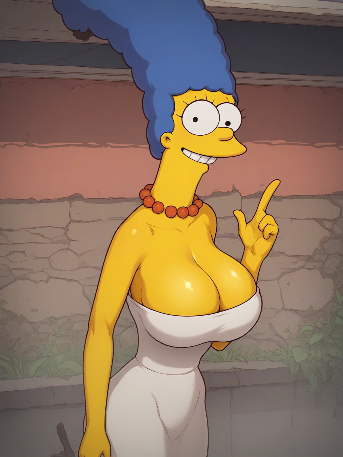 margue simpson, huge thighs, huge tits, short green dress, blue fur, yellow skin, hands holding excessively giant tits, sexy 