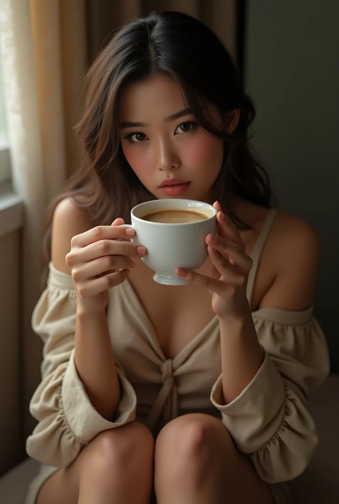 pineapple with a bitter face who drinks coffee and smokes
