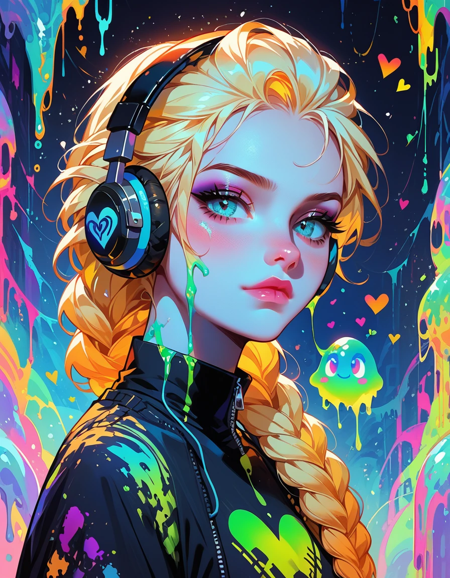 score_9, score_8_up, score_7_up, score_6_up, score_5_up, solo, (colorful:1), 1girl, (Elsa, blonde, braid:1.1), thermal, orange, green, yellow, blue, (glowing), closed mouth, headphones, goth, th3rm4l, iridescent, slime, hearts