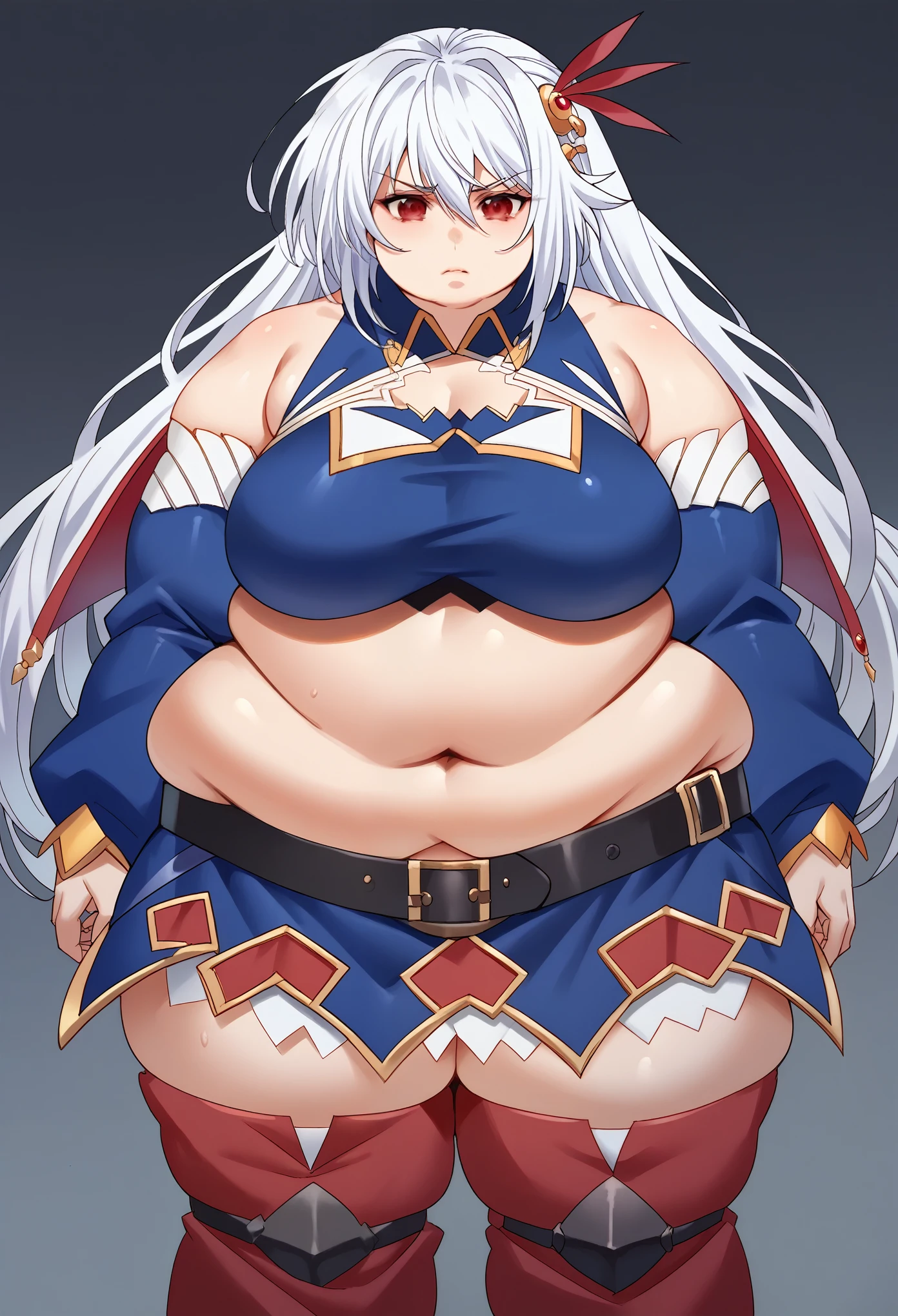 EleonoraViltariaMOVXL, red eyes, white hair, long hair, hair between eyes, sidelocks, hair ornament, large breasts, clothing cutout, blue midriff, detached sleeves, blue sleeves, black belt, blue skirt, red thigh boots, fat, chubby, obese