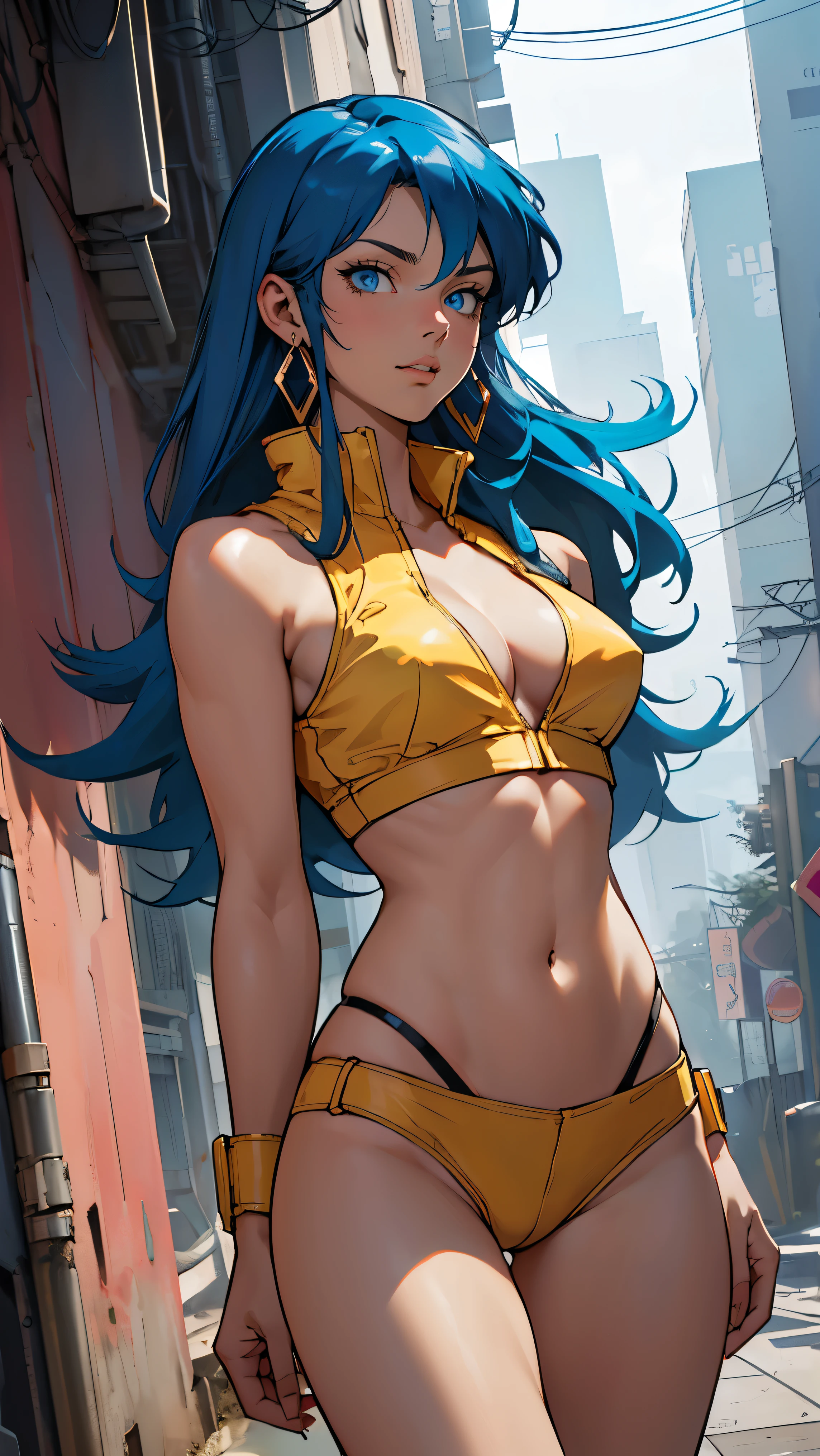 ((Masterpiece, highest quality; 1.3)), super quality, beautiful detail, super detailed, extra fine, 16K, exquisite, absurd, high resolution, beautiful background, detailed background, beautiful eyes, beautiful skin, anime style, dirtypairyuri, Dirty Pair Yuri in a skimpy light yellow outfit, long blue hair, blue eyes, earrings, white yellow uniform, white crop top, cutout, sleeveless, wearing tight clothing, skimpy, (breasts: 1.2), cleavage, cleavage, , obliques, fit arms, slim waist, ((wide hips)), fit thighs, (thigh gap), showing stomach, (skinny frame), wide hips, cyberpunk city background, holding a retro space gun