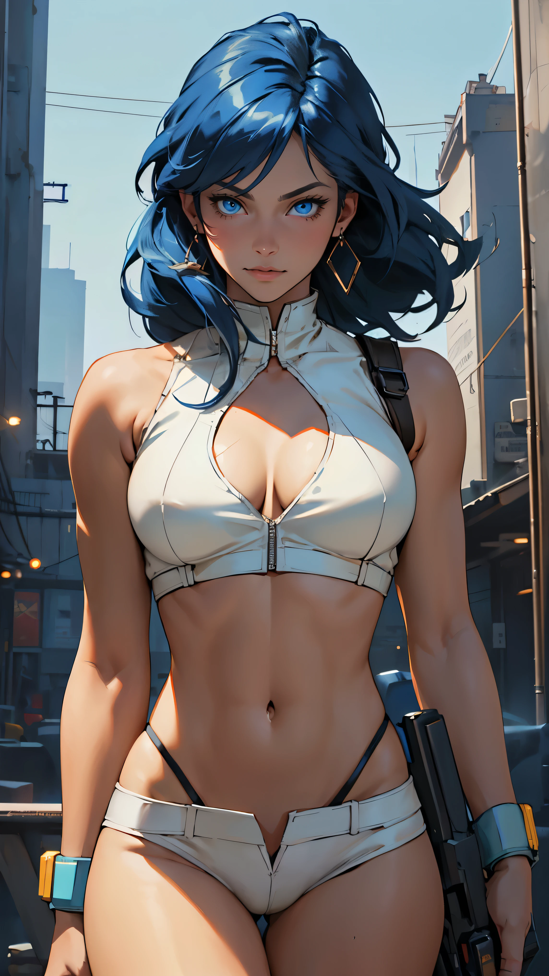 ((Masterpiece, highest quality; 1.3)), super quality, beautiful detail, super detailed, extra fine, 16K, exquisite, absurd, high resolution, beautiful background, detailed background, beautiful eyes, beautiful skin, anime style, dirtypairyuri, Dirty Pair Yuri in a skimpy light yellow outfit, long blue hair, blue eyes, earrings, white yellow uniform, white crop top, cutout, sleeveless, wearing tight clothing, skimpy, (breasts: 1.2), cleavage, cleavage, , obliques, fit arms, slim waist, ((wide hips)), fit thighs, (thigh gap), showing stomach, (skinny frame), wide hips, cyberpunk city background, holding a retro space gun