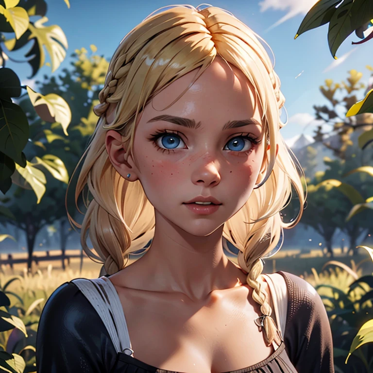 red dead redemption 2 german daughter,
Blonde,braids,Sleek tied hair,
slim face,white skin,sunkissed blush,light blue eyes,snub nose,delicate mouth and jaw,
petite,very young girl,very thin complexion,skinny,slender body,
masterpiece, best quality, HDR,
dressing 1910 farmer’s dress,
red dead redemption 2 farm background,
