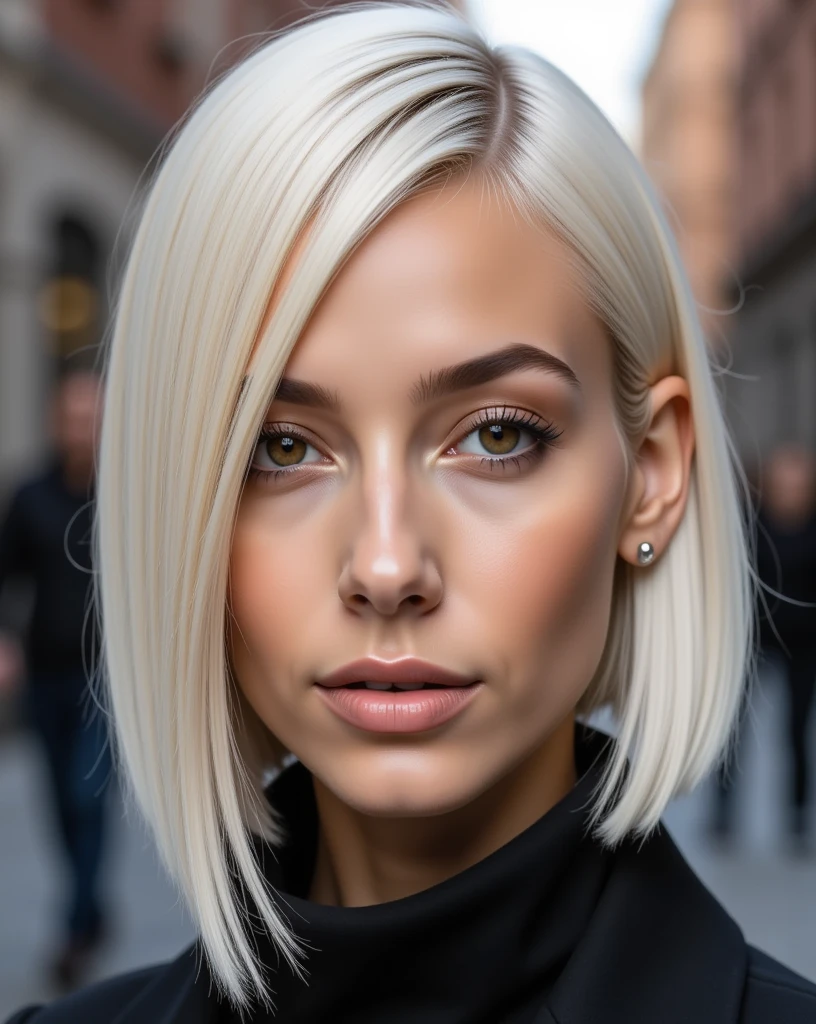 A striking portrait of Nexia, a 22-year-old woman with an architectural asymmetrical platinum blonde haircut. Her hair features a deep side part on the left, with the longer right side falling sleekly to almost touch her shoulder, while the shorter left side is cut precisely at chin length and elegantly tucked behind her ear. The sharp contrast between the two lengths creates a dramatic frame for her face, emphasizing her hazel eyes and well-defined lips. The platinum blonde is a cool, uniform tone that enhances the technical precision of the cut. The hair is straight and sleek, moving with a liquid-like quality that highlights the intentional geometry of the style. Walking in street

Technical details for hair:
- Deep side part positioned on left side
- Right side: straight, sleek, falling to almost shoulder length
- Left side: chin length, tucked behind ear
- Texture: perfectly straight, glossy
- Color: cool-toned platinum blonde
- Movement: emphasize the contrast between longer and shorter sides