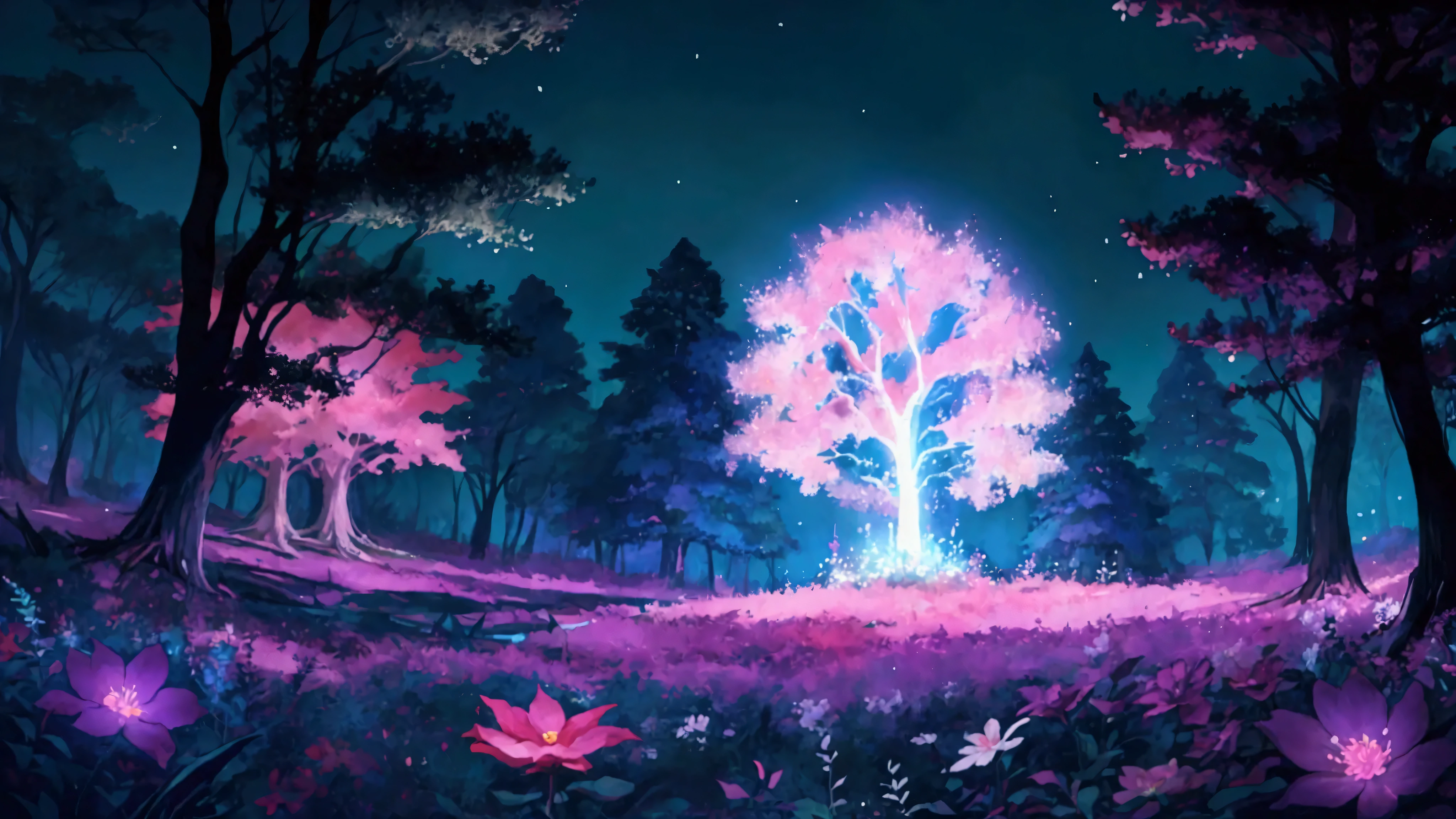 Glowing Forest Dark Night Sparkling Lofi anime style , floral , landscape , natural , Glowing Flower, colorful