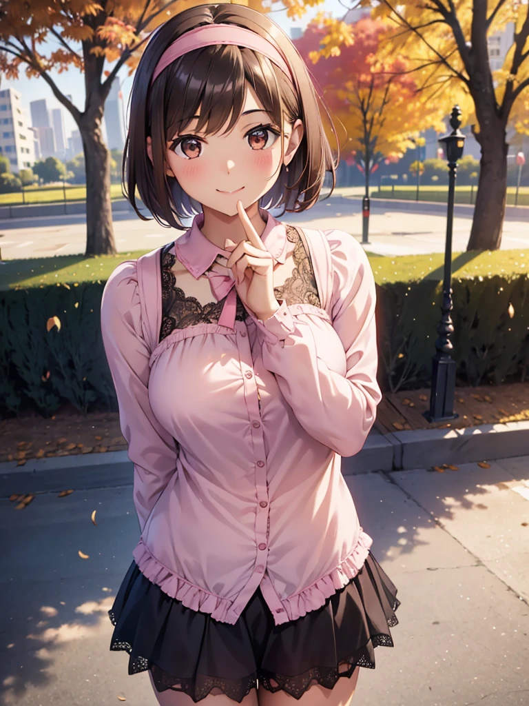  Kampala,cute,solo, Brown Eyes ,Brown Hair,20-year-old woman,Five beautiful fingers, pink blouse with lace ,black miniskirt with lace, pink headband with lace, landmine fashion,smile,B Cup, short hair,Looking at the camera,Blurred Background,morning,Autumn park,