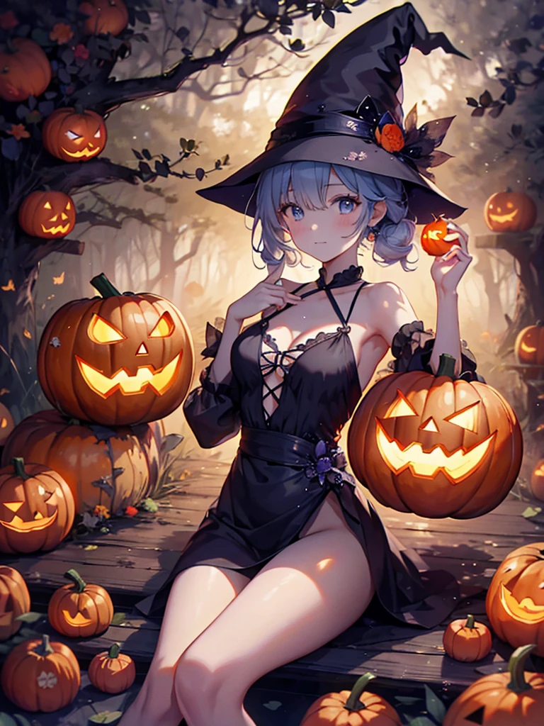 (Sky Blue Hair),(Braided medium hair:1.2), (Pink Eyes),Fair skin) ,(whole body),(One Girl),(Crescent Moon),(There are many pumpkin ghosts in the background),(If you don't give me sweets, I'll be mischievous.),Halloween Night Party),(masterpiece, Highest quality, Very detailed, Best Shadow), (Detailed Background), (Beautifully detailed face), High Contrast, (Best lighting, Very delicate and beautiful), ((Cinematic Light)), Hyper Detail,8k, Dramatic Light, Intricate details,Cute witch clothes,night,Bats flying in the background,