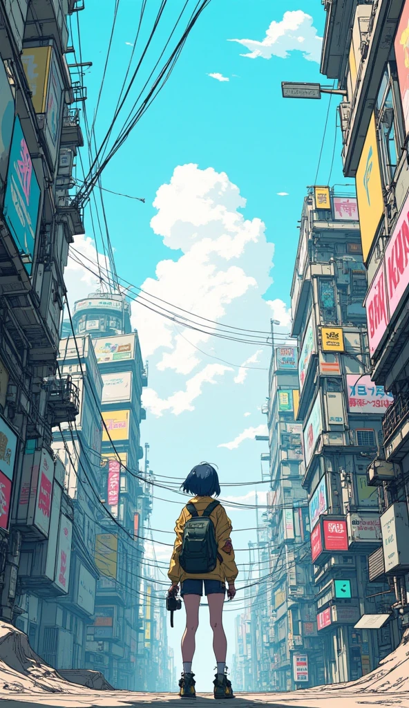 An anime-style scene in a futuristic, cyberpunk cityscape viewed from a very low angle, looking up at the towering, worn-down buildings. The buildings feature large, colorful billboards and neon signs, blending decayed urban structures with futuristic technology. Overhead, there are interconnected bridges and wires stretching across the sky, which is bright with soft clouds. In the middle of the buildings is a young girl with short, dark blue hair stands with her back to the viewer, wearing a backpack and a jacket adorned with patches. She gazes upward in awe, overwhelmed by the towering structures. The scene is full of vibrant colors and detailed line work, typical of anime-inspired art.