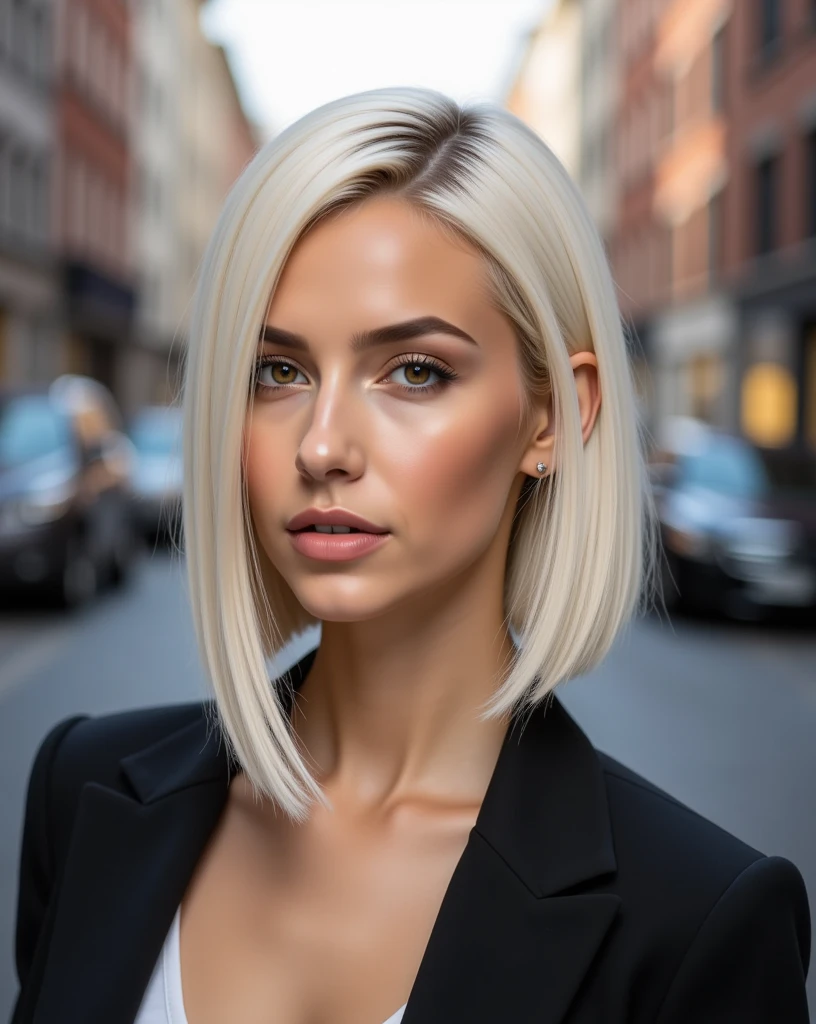 A striking portrait of Nexia, a 22-year-old woman with an architectural asymmetrical platinum blonde haircut. Her hair features a deep side part on the left, with the longer right side falling sleekly to almost touch her shoulder, while the shorter left side is cut precisely at mouth length and elegantly tucked behind her ear. The sharp contrast between the two lengths creates a dramatic frame for her face, emphasizing her hazel eyes and well-defined lips. The platinum blonde is a cool, uniform tone that enhances the technical precision of the cut. The hair is straight and sleek, moving with a liquid-like quality that highlights the intentional geometry of the style. Walking in street

Technical details for hair:
- Deep side part positioned on left side
- Right side: straight, sleek, falling to almost shoulder length
- Left side: mouth length, tucked behind ear
- Texture: perfectly straight, glossy
- Color: cool-toned platinum blonde
- Movement: emphasize the contrast between longer and shorter sides