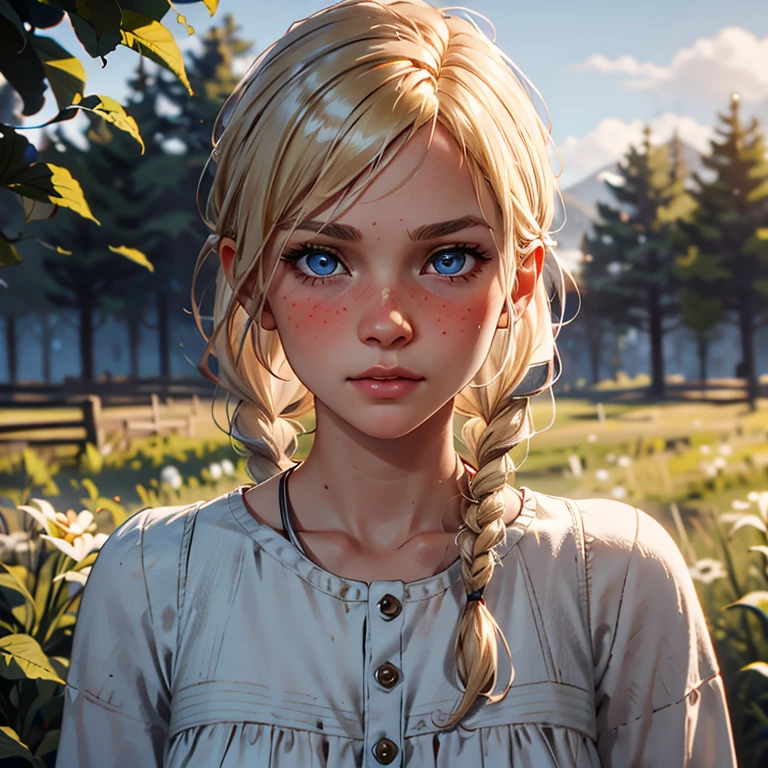 red dead redemption 2 german daughter,
Blonde,braids,Sleek tied hair,
slim face,white skin,sunkissed blush,light blue eyes,snub nose,delicate mouth and jaw,
petite,very young girl,very thin complexion,skinny,slender body,
masterpiece, best quality, HDR,
dressing 1910 farmer’s dress,
red dead redemption 2 farm background,
