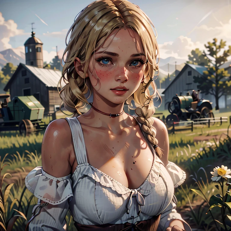 red dead redemption 2 german daughter,
Blonde,braids,Sleek tied hair,
slim face,white skin,sunkissed blush,light blue eyes,snub nose,delicate mouth and jaw,
petite,very young girl,very thin complexion,skinny,slender body,
masterpiece, best quality, HDR,
dressing 1910 farmer’s dress,
red dead redemption 2 farm background,
