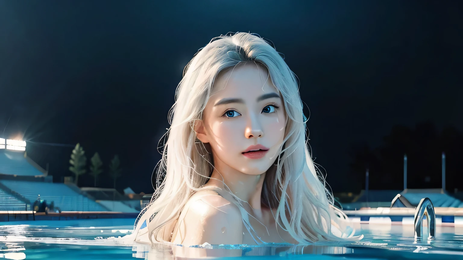 Seven-part photo, masterpiece,  best quality,  Official Art ,  Extremely detailed CG 8k wallpaper ,( playing in the pool )(Detailed ice) ,  Water crystal texture skin,  Cold expression , White hair, Long hair,  messy hair , blue eyes, View audience,  Extremely Delicate and Beautiful, water,  (( beautiful and delicate eyes )),  is very detailed ,  cinematic lighting ,(( pretty faces on the stadium),fine water surface, (Original character painting),  looks super detailed ,  is very detailed ,  ( Extremely Delicate and Beautiful),  beautiful and delicate eyes , 