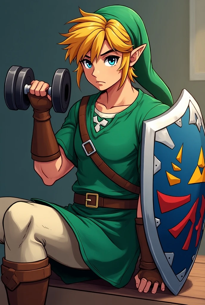 Tete et buste de link, assis de 3/4 face qui fait un exercice biceps curl avec un haltere, et son bouclier, dans un style anime/manga en couleur